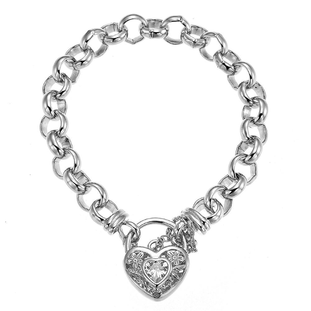 925 Sterling Silver Plated Belcher Chain Bracelet featuring a filigree locket and simulated diamond, showcasing intricate design and quality craftsmanship.