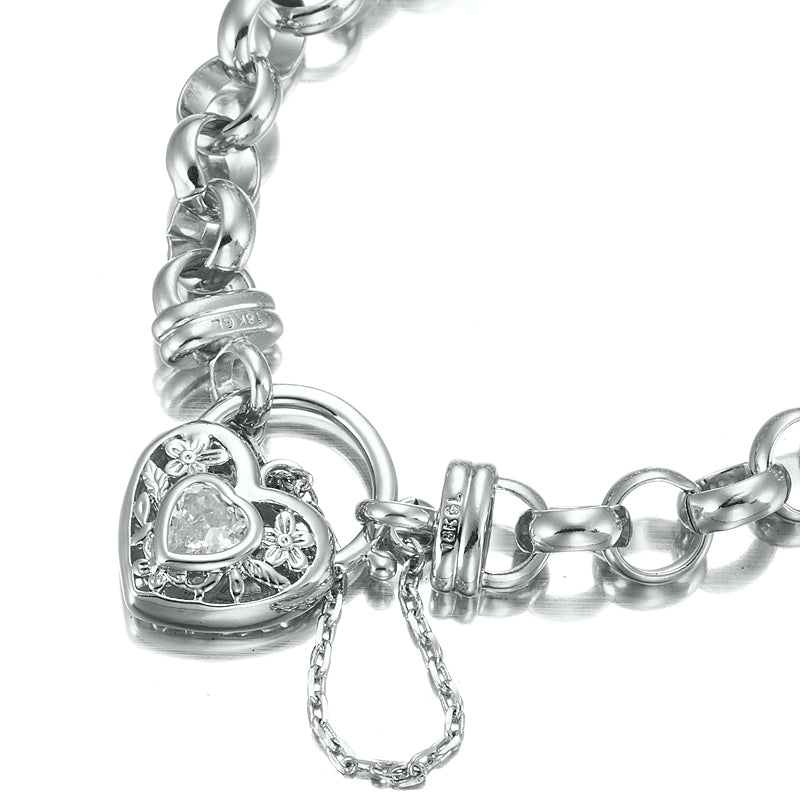 925 Sterling Silver Plated Belcher Chain Bracelet featuring a filigree locket and simulated diamond, showcasing intricate design and quality craftsmanship.