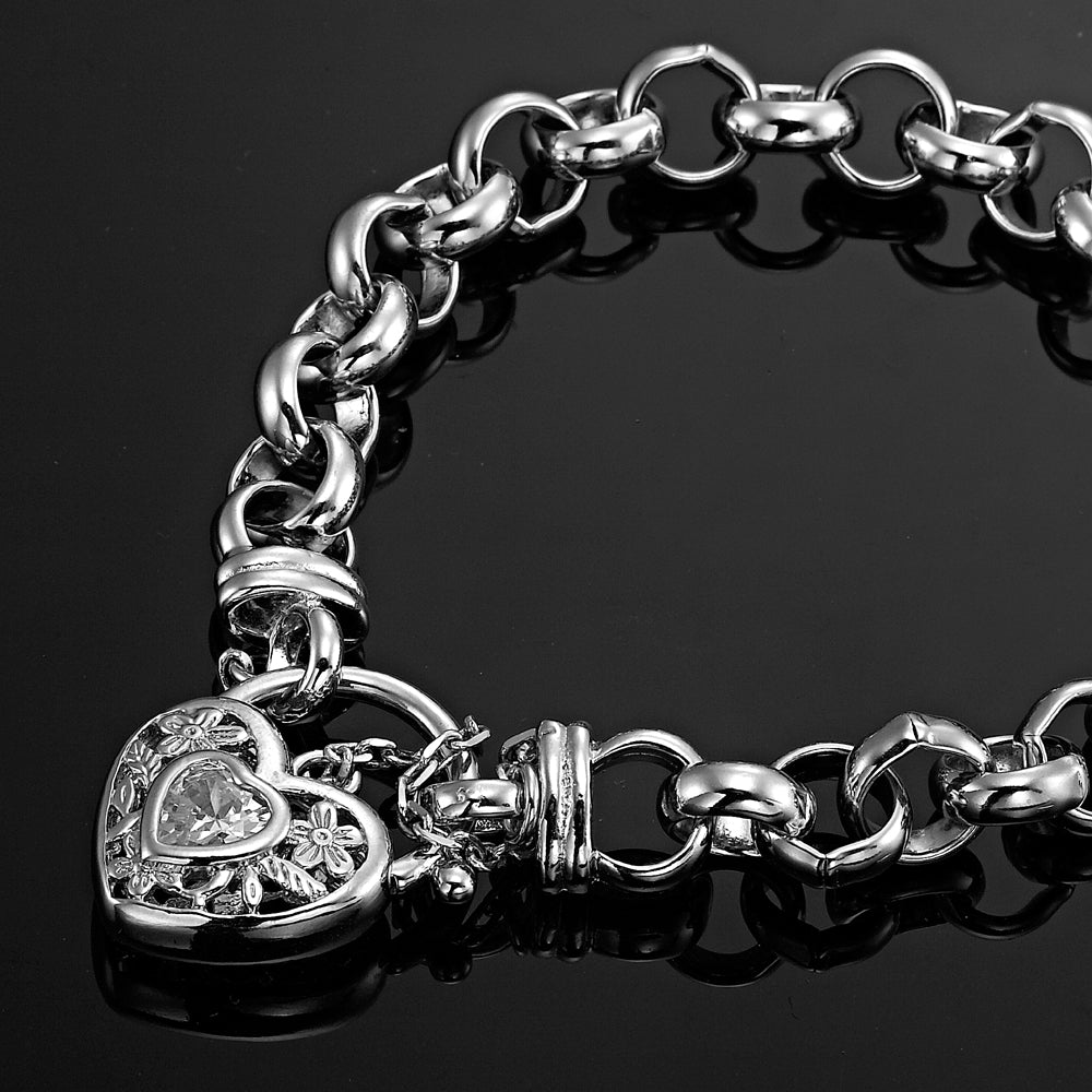925 Sterling Silver Plated Belcher Chain Bracelet featuring a filigree locket and simulated diamond, showcasing intricate design and quality craftsmanship.