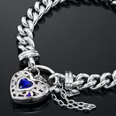 925 Sterling Silver Plated Euro Chain Bracelet featuring a dark blue filigree locket, showcasing its elegant design and quality craftsmanship.
