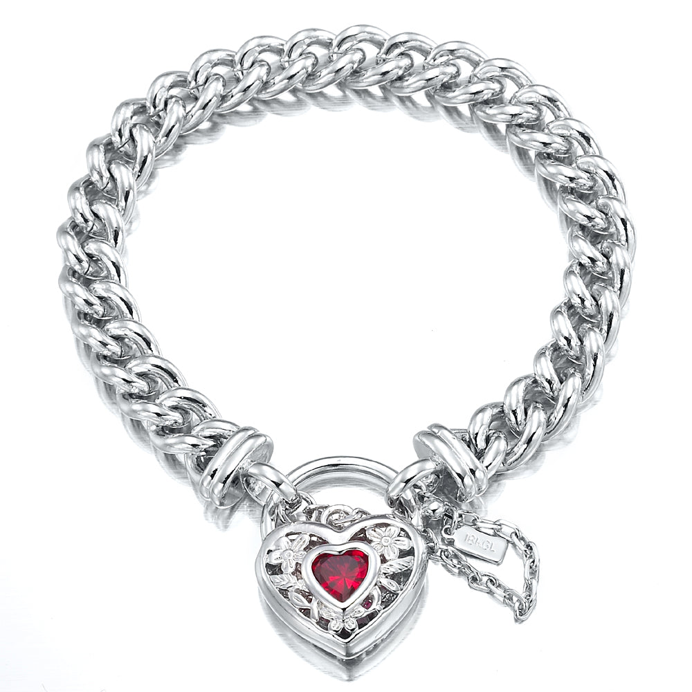 925 Sterling Silver Plated Euro Chain Bracelet featuring a filigree locket and simulated ruby, showcasing intricate design and quality craftsmanship.