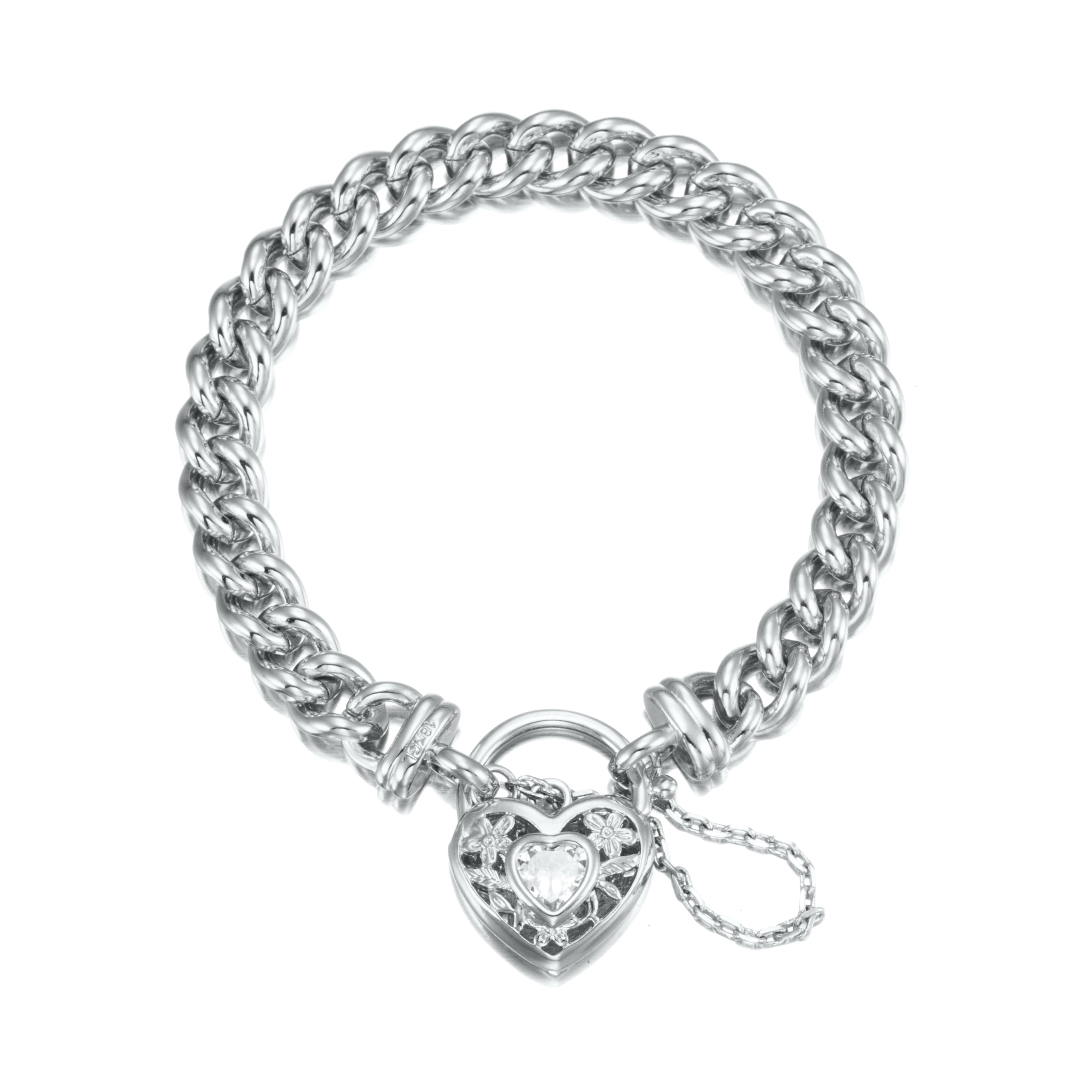 925 Sterling Silver Plated Euro Chain Bracelet featuring a filigree locket and simulated diamond, showcasing intricate design and quality craftsmanship.