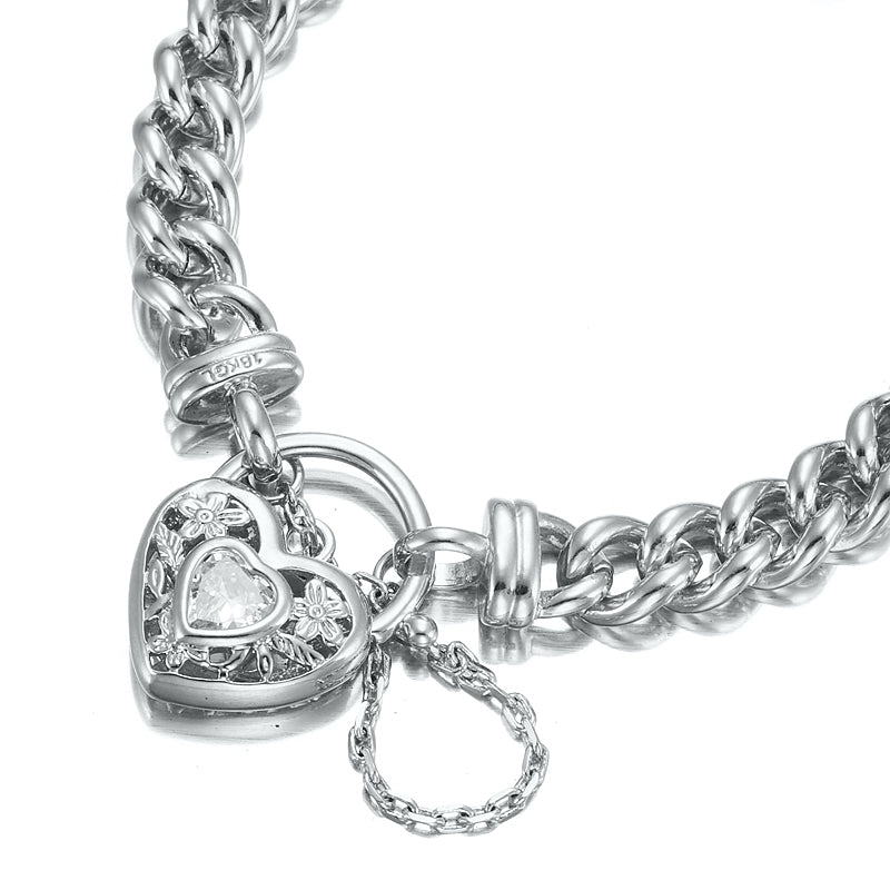 925 Sterling Silver Plated Euro Chain Bracelet featuring a filigree locket and simulated diamond, showcasing intricate design and quality craftsmanship.