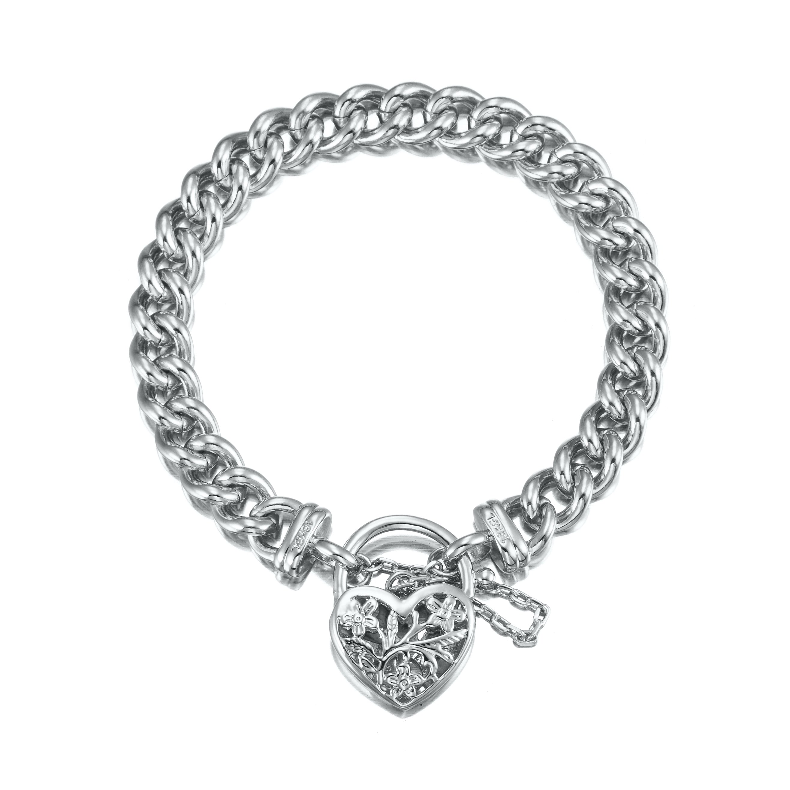 925 Sterling Silver Plated Euro Chain Bracelet featuring a detailed filigree locket, showcasing its elegant design and quality craftsmanship.
