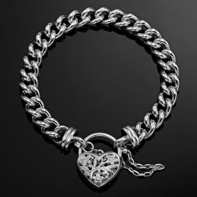 925 Sterling Silver Plated Euro Chain Bracelet featuring a detailed filigree locket, showcasing its elegant design and quality craftsmanship.