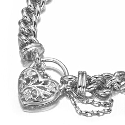 925 Sterling Silver Plated Euro Chain Bracelet featuring a detailed filigree locket, showcasing its elegant design and quality craftsmanship.