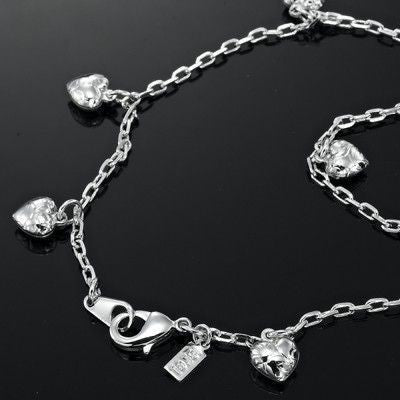 925 Sterling Silver Plated Heart Charm Anklet showcasing a delicate chain with heart charms, made in the USA.