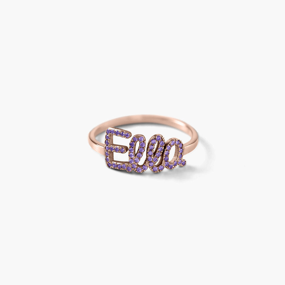 A beautiful 925 Sterling Silver Swarovski Stone Name Ring featuring personalized name and sparkling stones, available in silver, gold, and rose gold finishes.