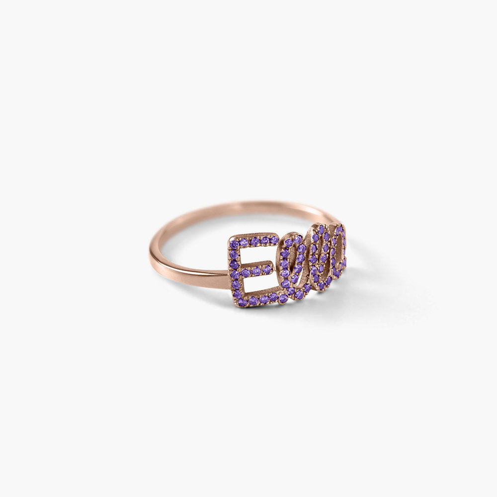 A beautiful 925 Sterling Silver Swarovski Stone Name Ring featuring personalized name and sparkling stones, available in silver, gold, and rose gold finishes.