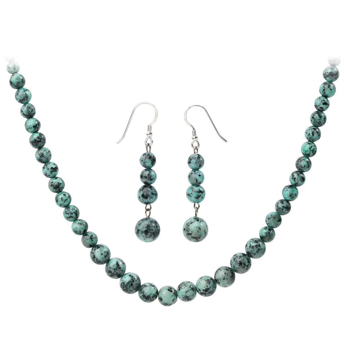 925 Sterling Silver Turquoise Choker Necklace with Dangle Earrings, featuring natural turquoise beads in 6mm, 8mm, and 10mm sizes.