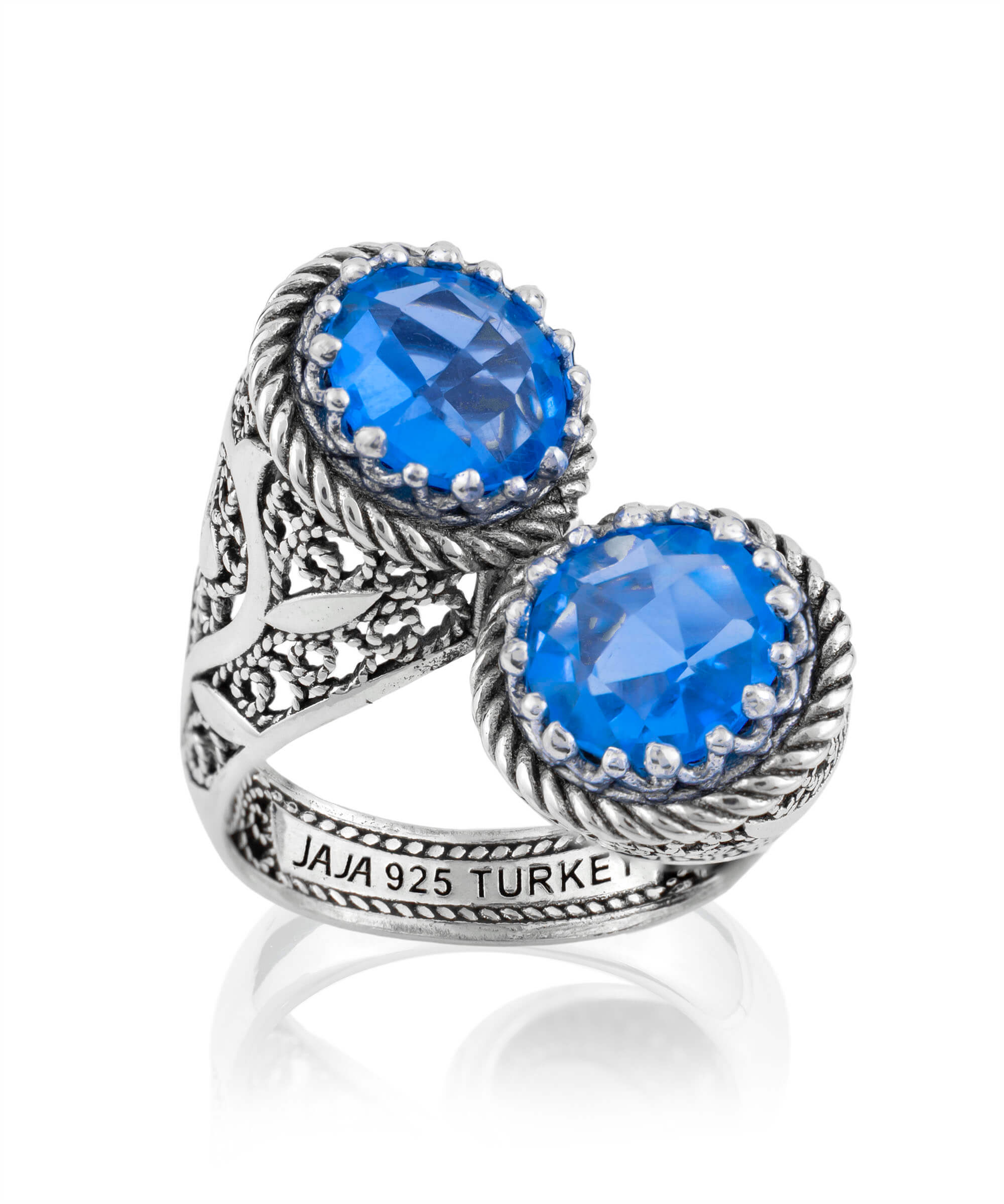 A stunning 925 Sterling Silver Women's Bypass Ring featuring an 8mm blue quartz gemstone, elegantly designed with intricate filigree.