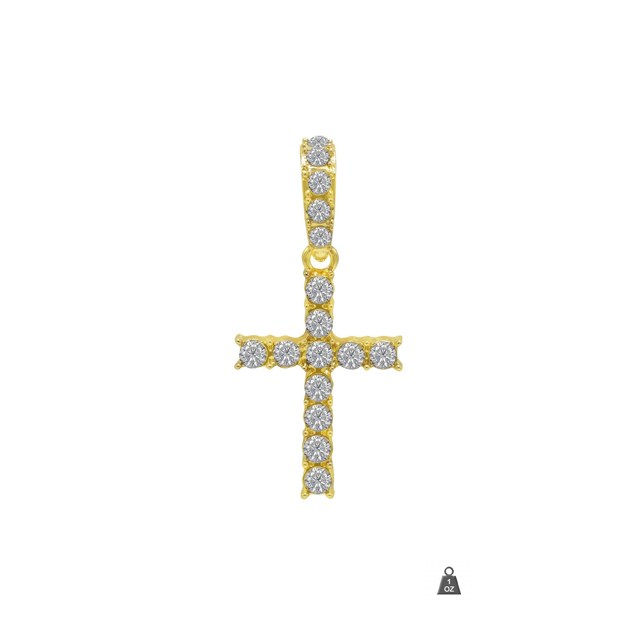 A stunning 4mm gold cross pendant featuring a sparkling crystal, set in durable brass prongset, perfect for elegant occasions.