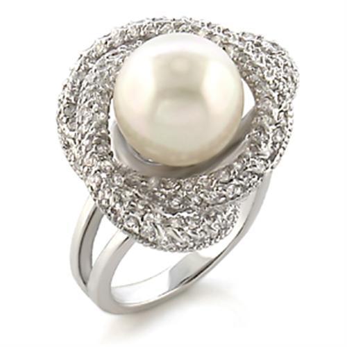 9W005 Rhodium Brass Ring featuring a synthetic white pearl, showcasing its elegant design and shiny finish.