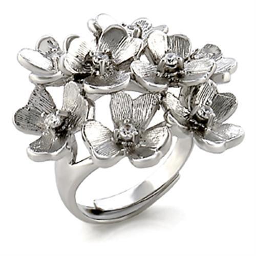 9W052 Rhodium Brass Ring featuring a clear AAA Grade CZ center stone, elegantly designed for versatile wear.