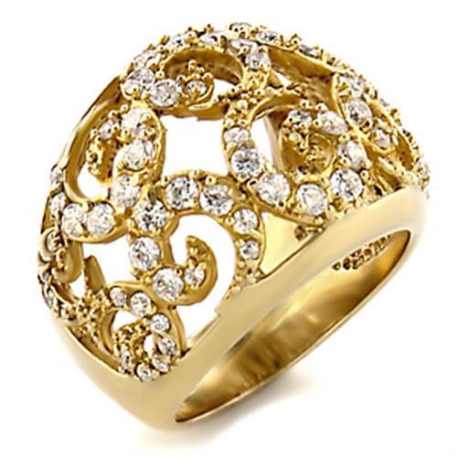 9W070 Gold Brass Ring featuring a clear AAA Grade CZ stone, elegantly designed for versatile wear.