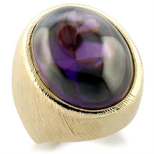 9W186 Gold Brass Ring featuring AAA Grade CZ in Amethyst, showcasing a stunning design with a large center stone.