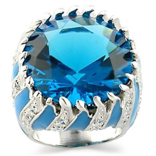 9W189 Rhodium Brass Ring featuring a vibrant sea blue synthetic glass stone, elegantly designed for everyday wear.