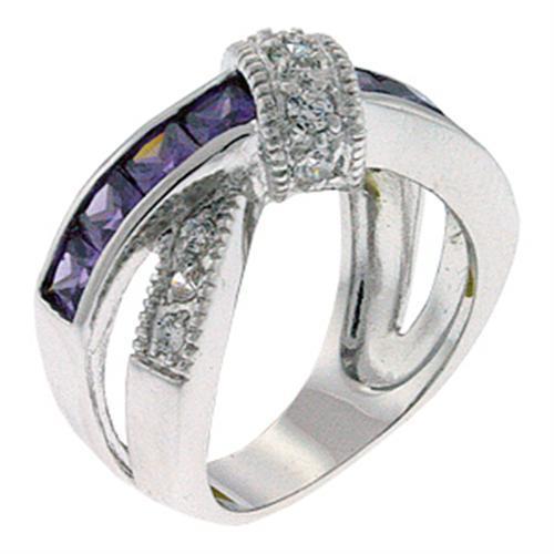 9X036 Rhodium Brass Ring featuring AAA Grade CZ in Amethyst, showcasing its elegant design and vibrant color.