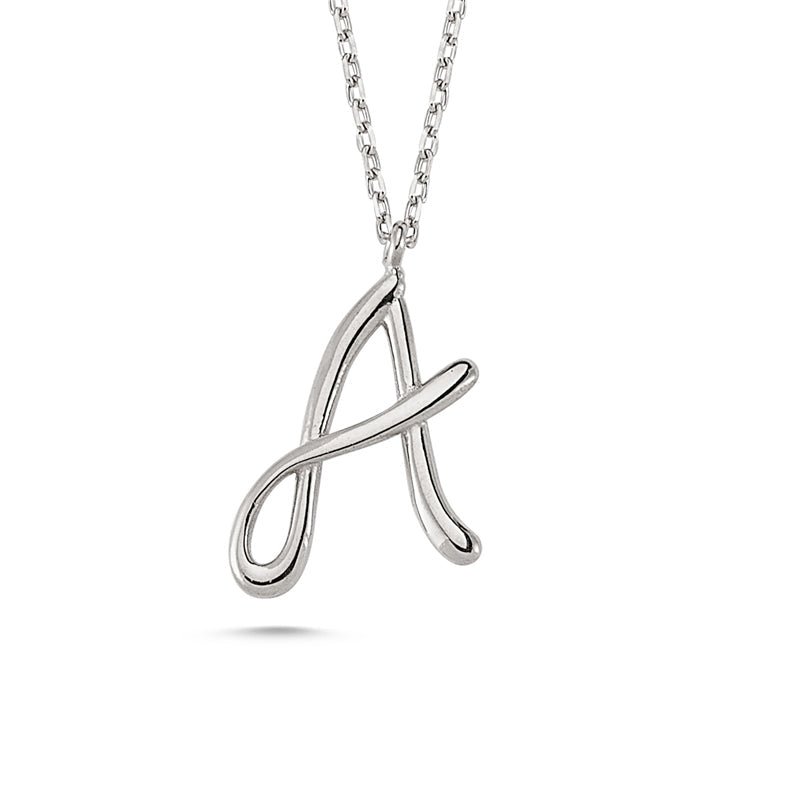 A Letter Mini Initial Silver Necklace featuring a flat 'A' pendant on a sterling silver chain with rose gold and rhodium plating options.