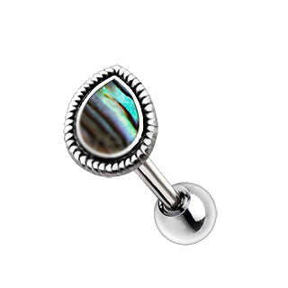 Abalone Shell Inlay Teardrop Cartilage Earring showcasing a colorful natural shell with ornate detailing, perfect for cartilage piercings.