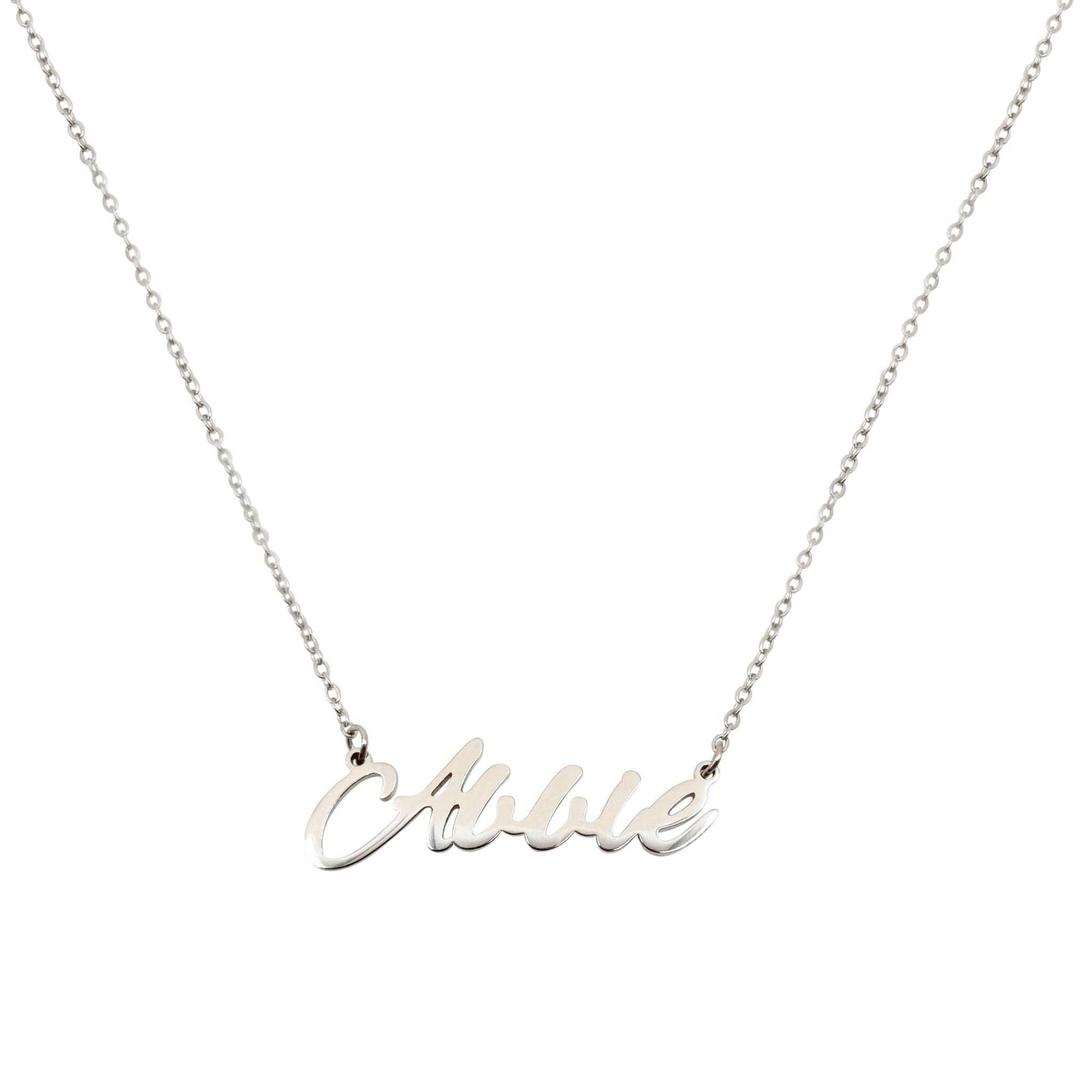 Abbie Name Necklace featuring a personalized name design in tarnish-free gold plated stainless steel.