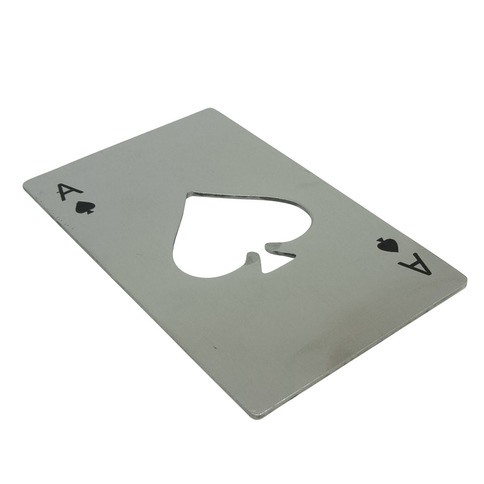 Ace of Spades Bottle Opener made of stainless steel, featuring a sleek design and compact size, perfect for wallets and purses.