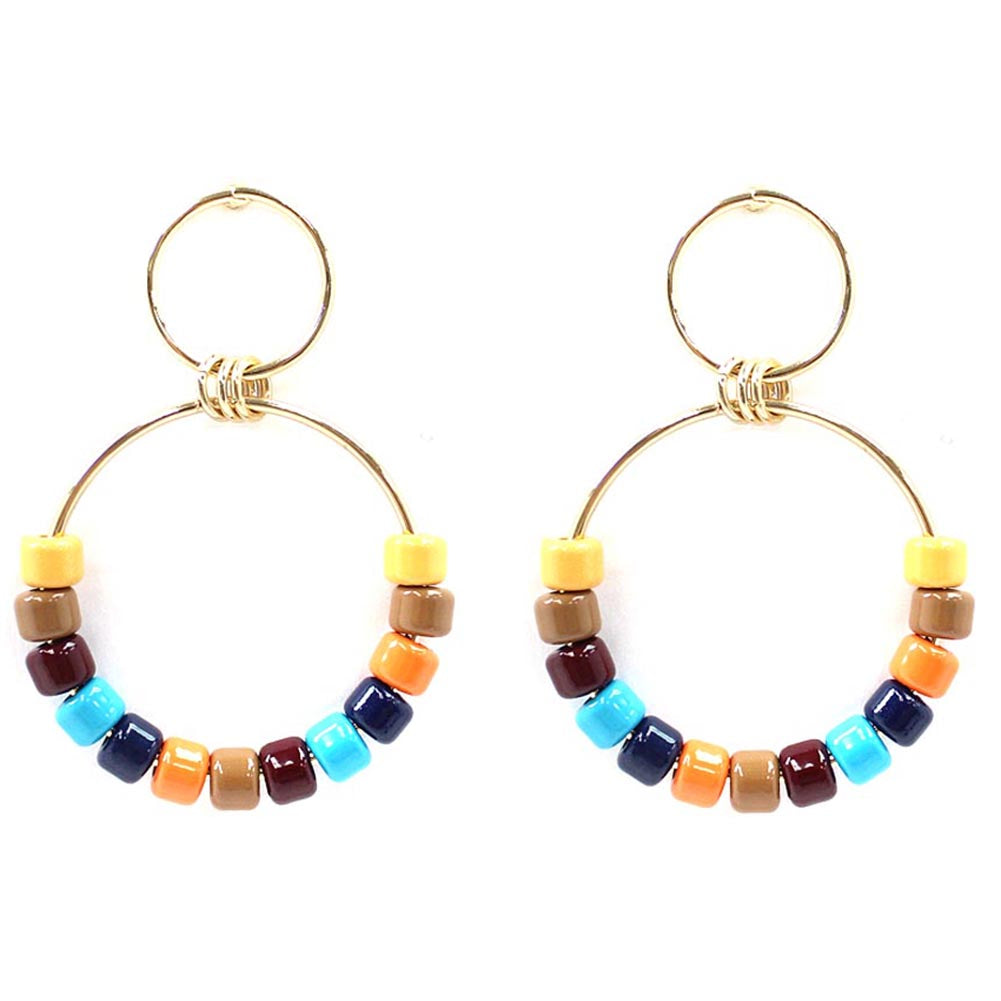 Colorful acrylic bead round post drop dangle earrings displayed elegantly.