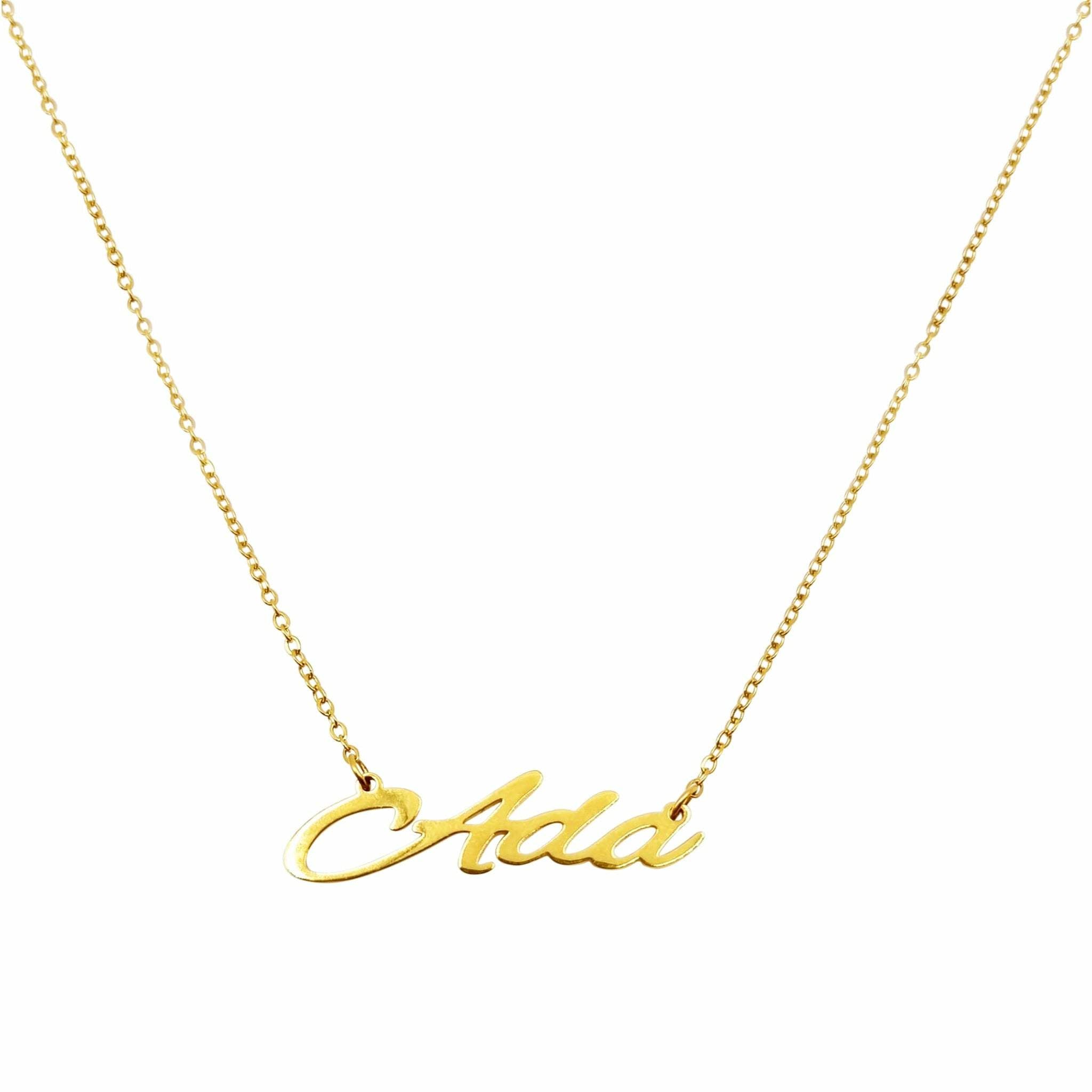 Elegant Ada Name Necklace made of stainless steel with gold plating, featuring a personalized name design.