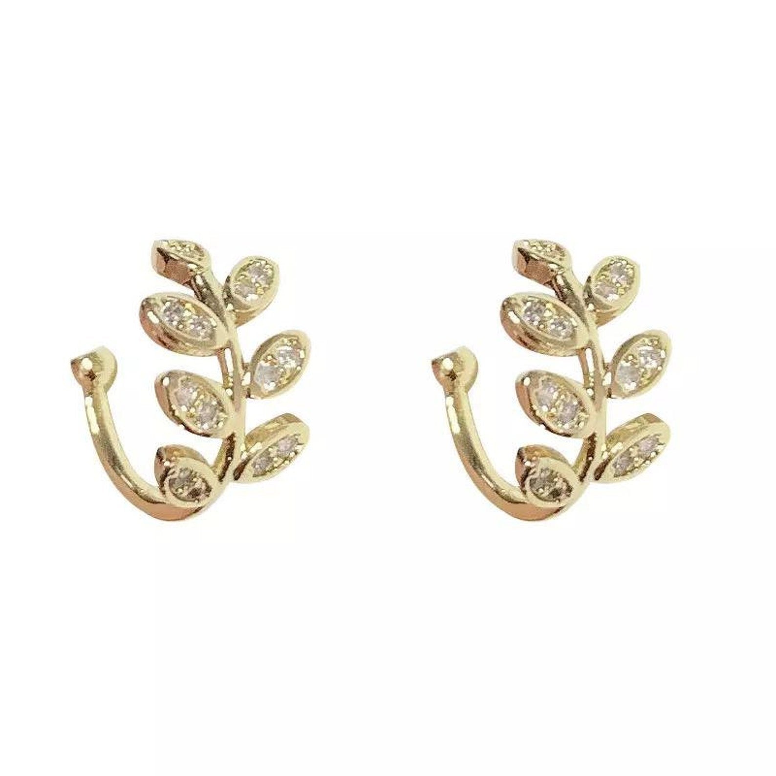 Adjustable No Piercing Single Leaf Wide Wire Ear Wrap Cuff in gold and silver, showcasing intricate leaf design and adjustable fit.