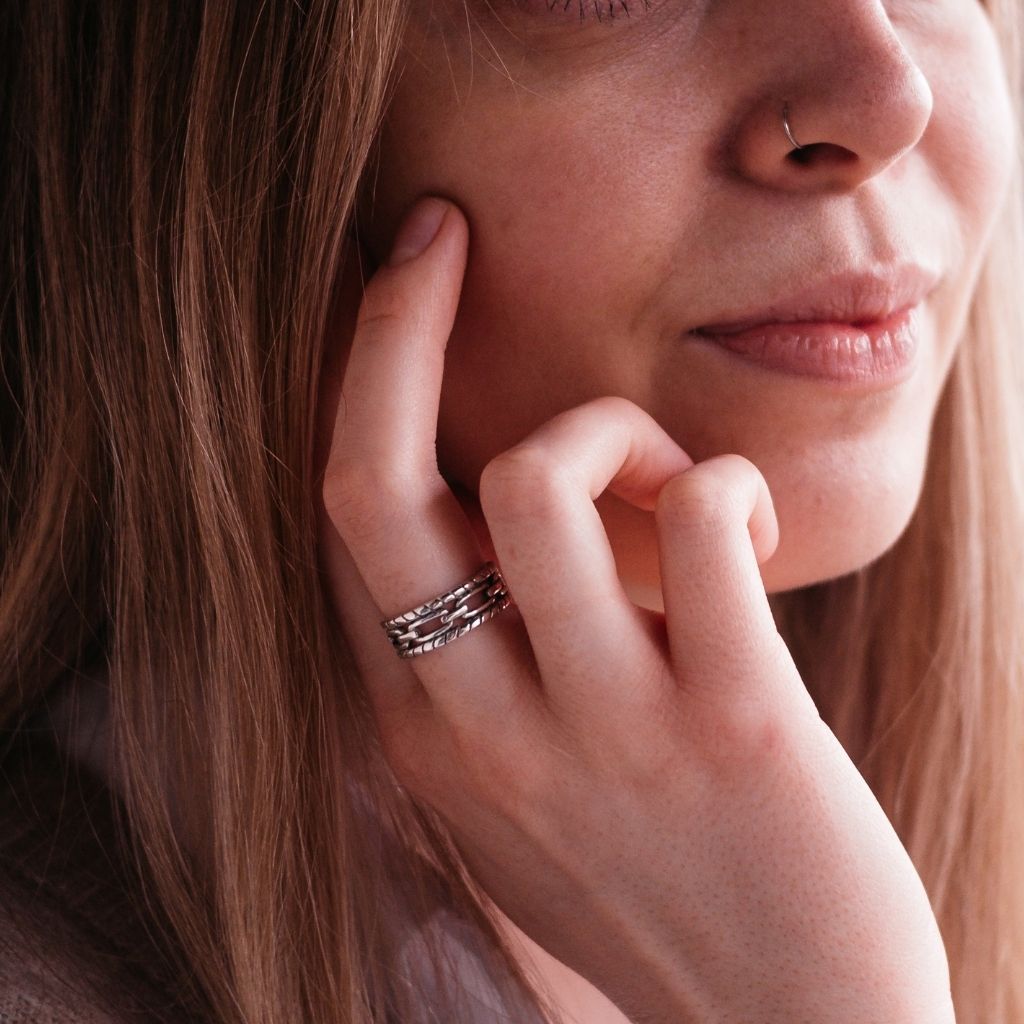 Adjustable Silver Chain Band Thick Unisex Open Statement Ring showcasing its minimalist design and sterling silver finish.