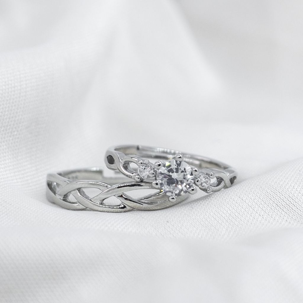 Adjustable Silver Couple Promise Braid Zircon Matching Ring set featuring intricate braid design and sparkling zircon stone.