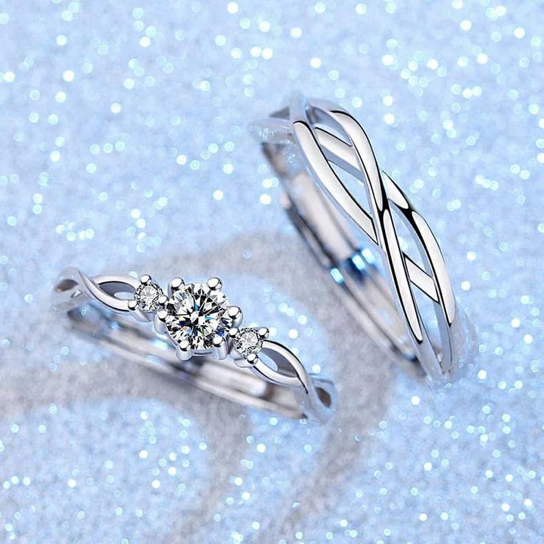 Adjustable Silver Couple Promise Braid Zircon Matching Ring set featuring intricate braid design and sparkling zircon stone.