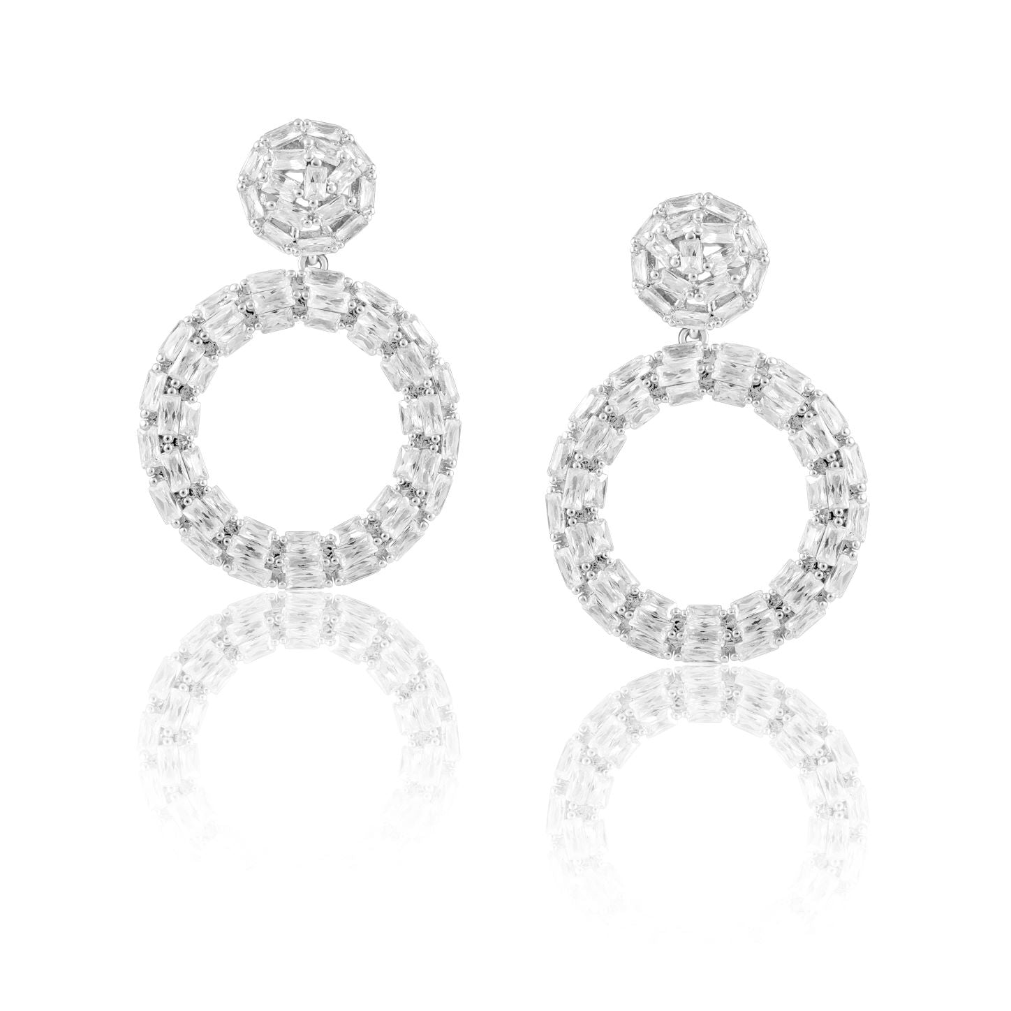 Aiya Hoop earrings featuring a 1 1/2" drop, adorned with sparkling CZ stones, crafted from sterling silver.