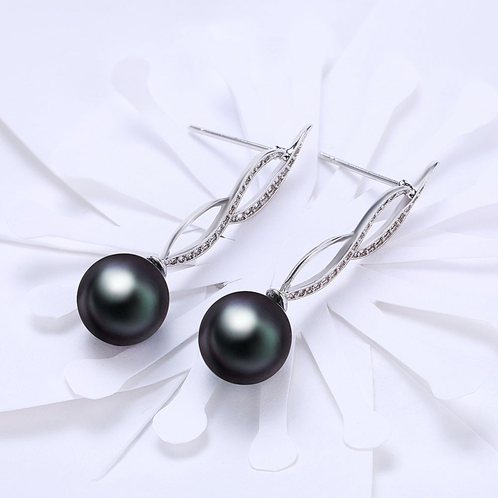 Elegant Akoya Pearl Swirl Drop Earrings in 18K White Gold Plated with sparkling crystals, beautifully displayed in a white gift box.
