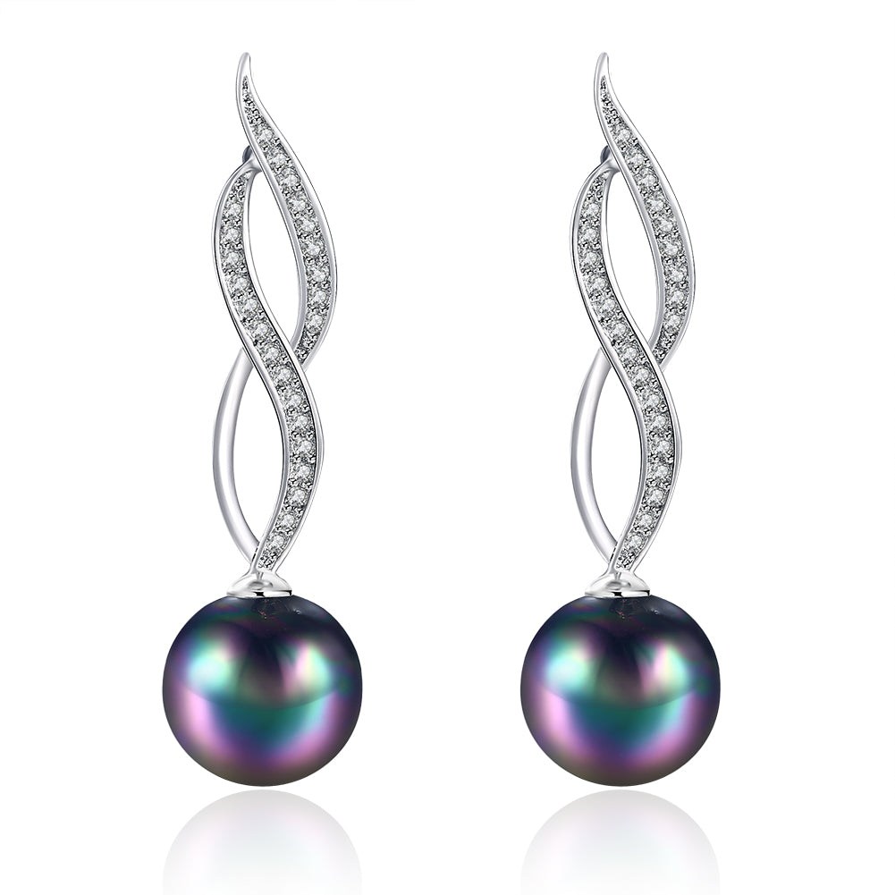 Elegant Akoya Pearl Swirl Drop Earrings in 18K White Gold Plated with sparkling crystals, beautifully displayed in a white gift box.