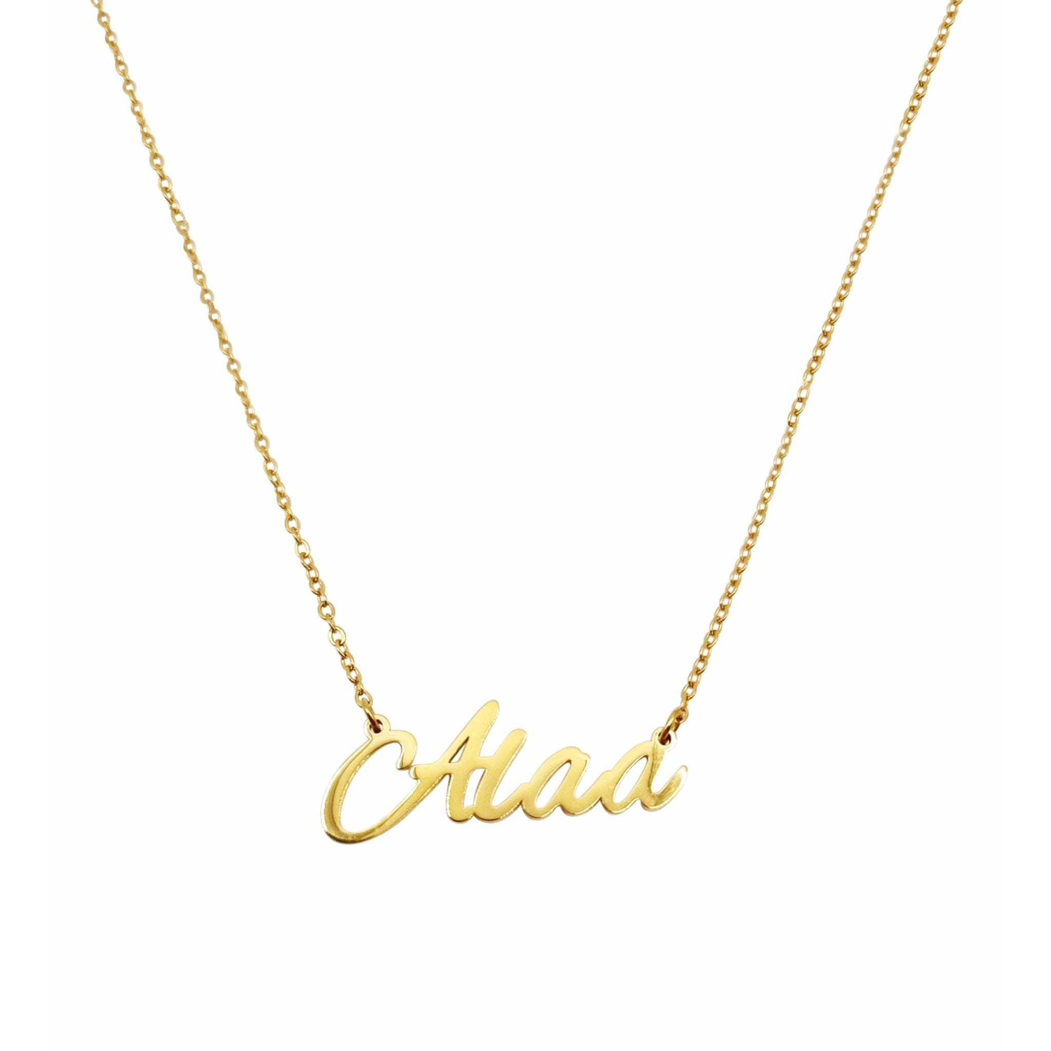 A beautiful Alaa Name Necklace made from stainless steel with gold plating, featuring an adjustable chain.