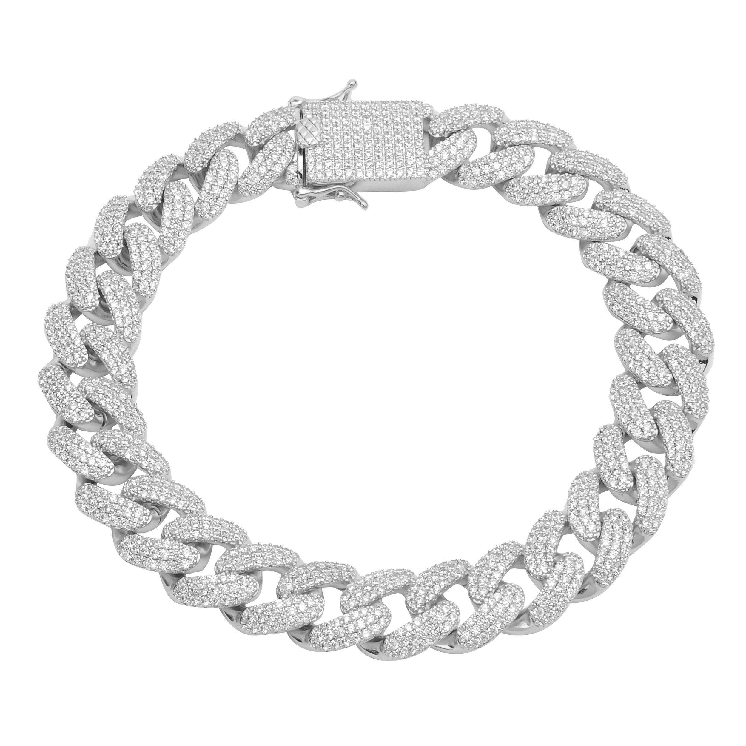 ALAMODE 925 Sterling Silver Cuban Bracelet featuring AAA cubic zirconia stones, 12 mm wide, elegantly designed for special occasions.