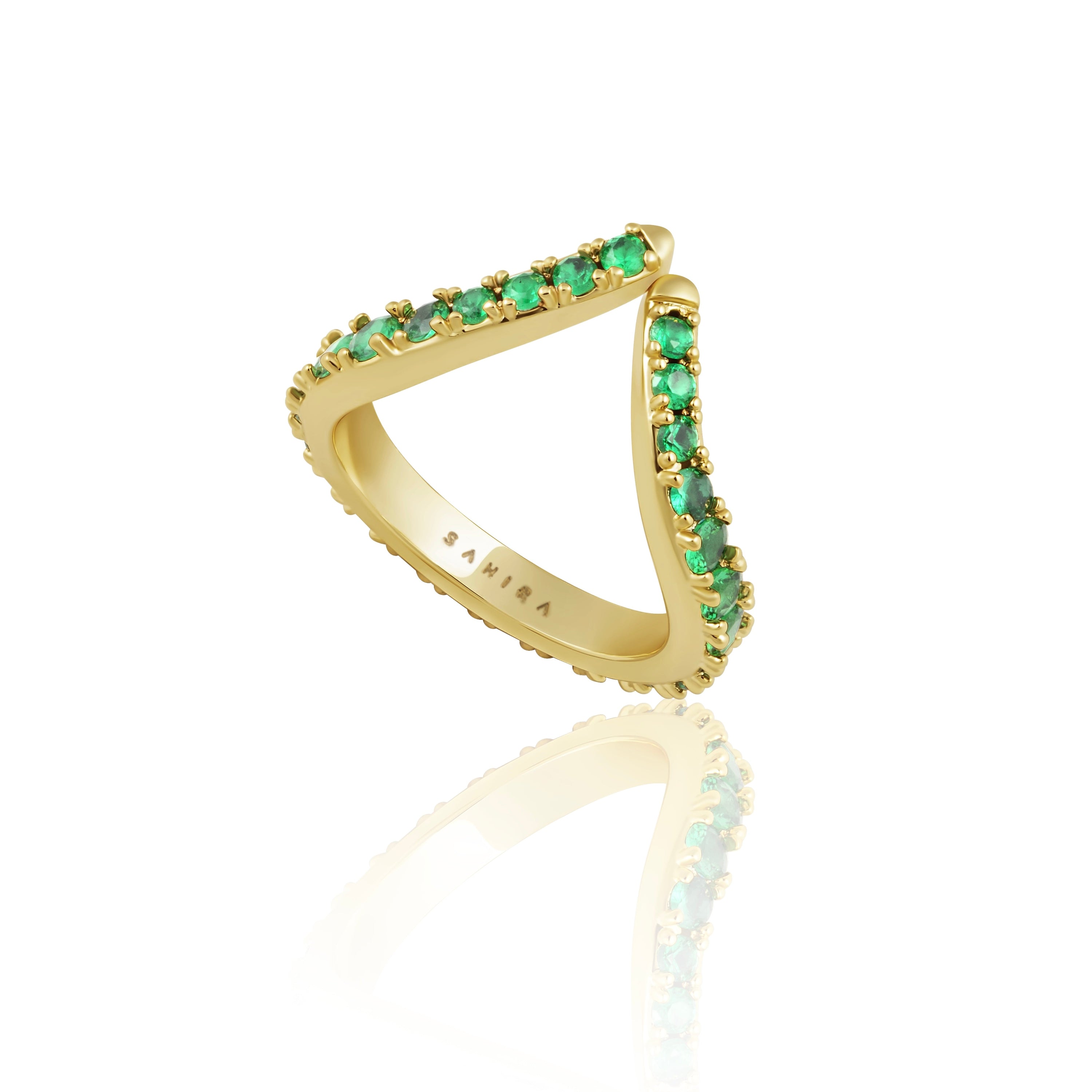 Alara Emerald CZ Ring featuring sparkling emerald-colored cubic zirconia stones set in a durable band, perfect for stacking.