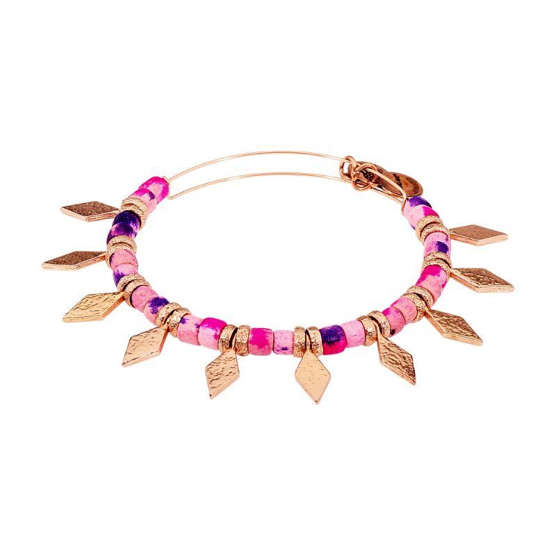 Alex And Ani Coral Spearhead Beaded Bangle in shiny rose gold with pink multi beads, showcasing its elegant design.