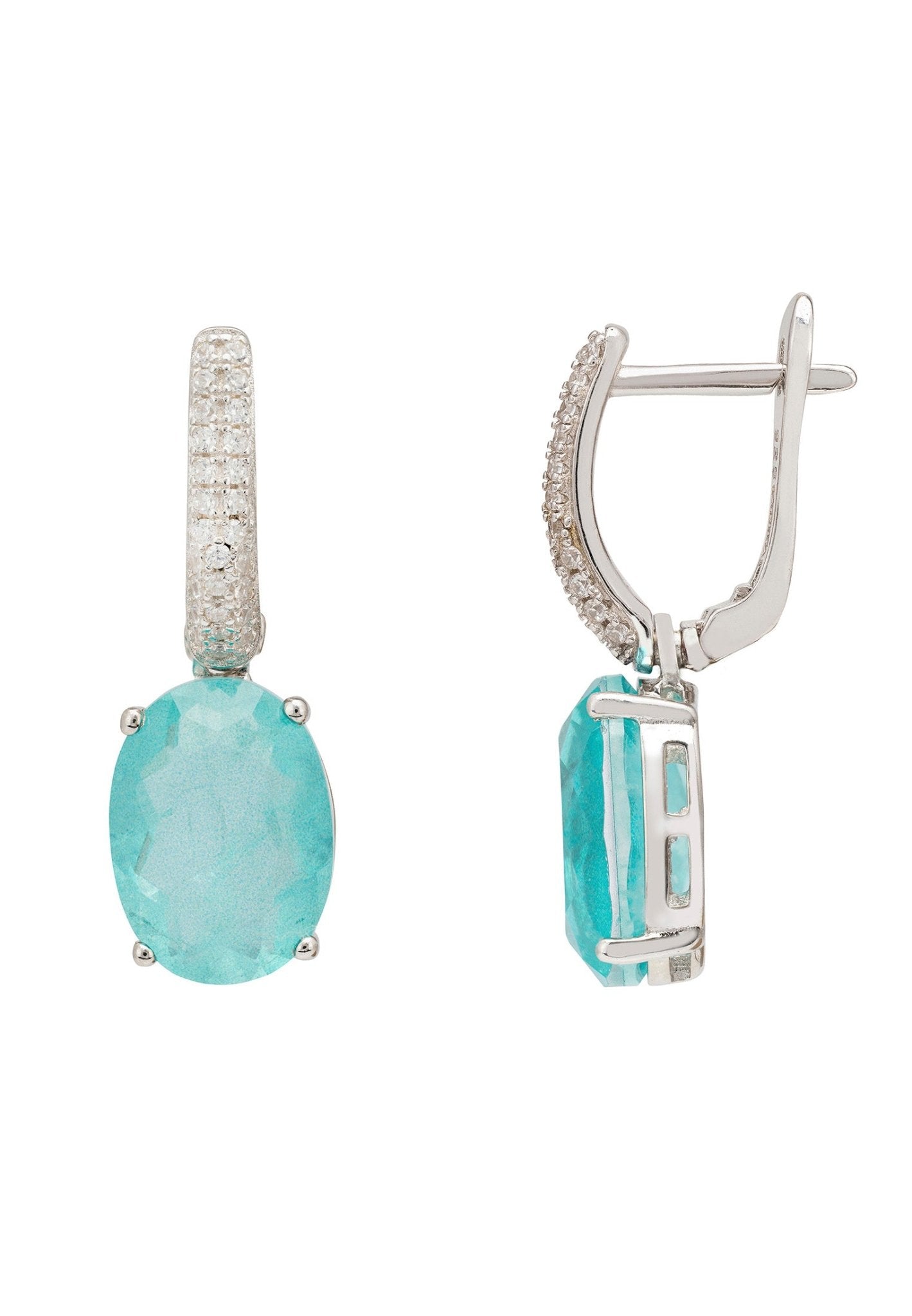 Alexandra Oval Drop Earrings in Silver with Paraiba Tourmaline and simulated Diamonds, showcasing elegant design and craftsmanship.