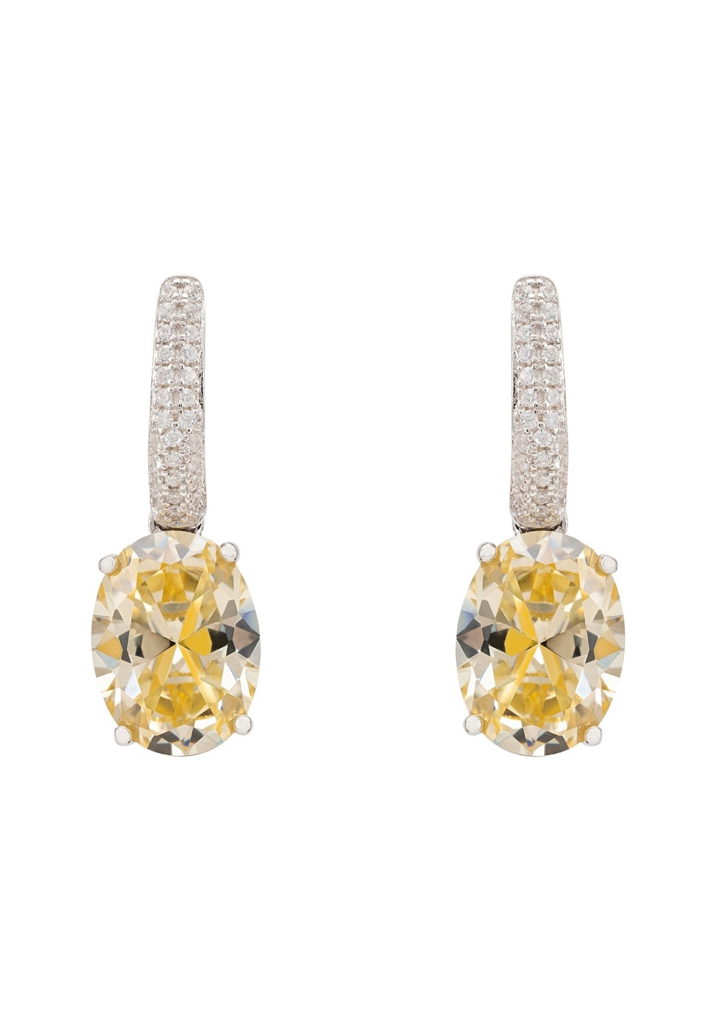 Alexandra Oval Drop Earrings in silver featuring yellow topaz and simulated diamonds, elegantly designed for a glamorous look.