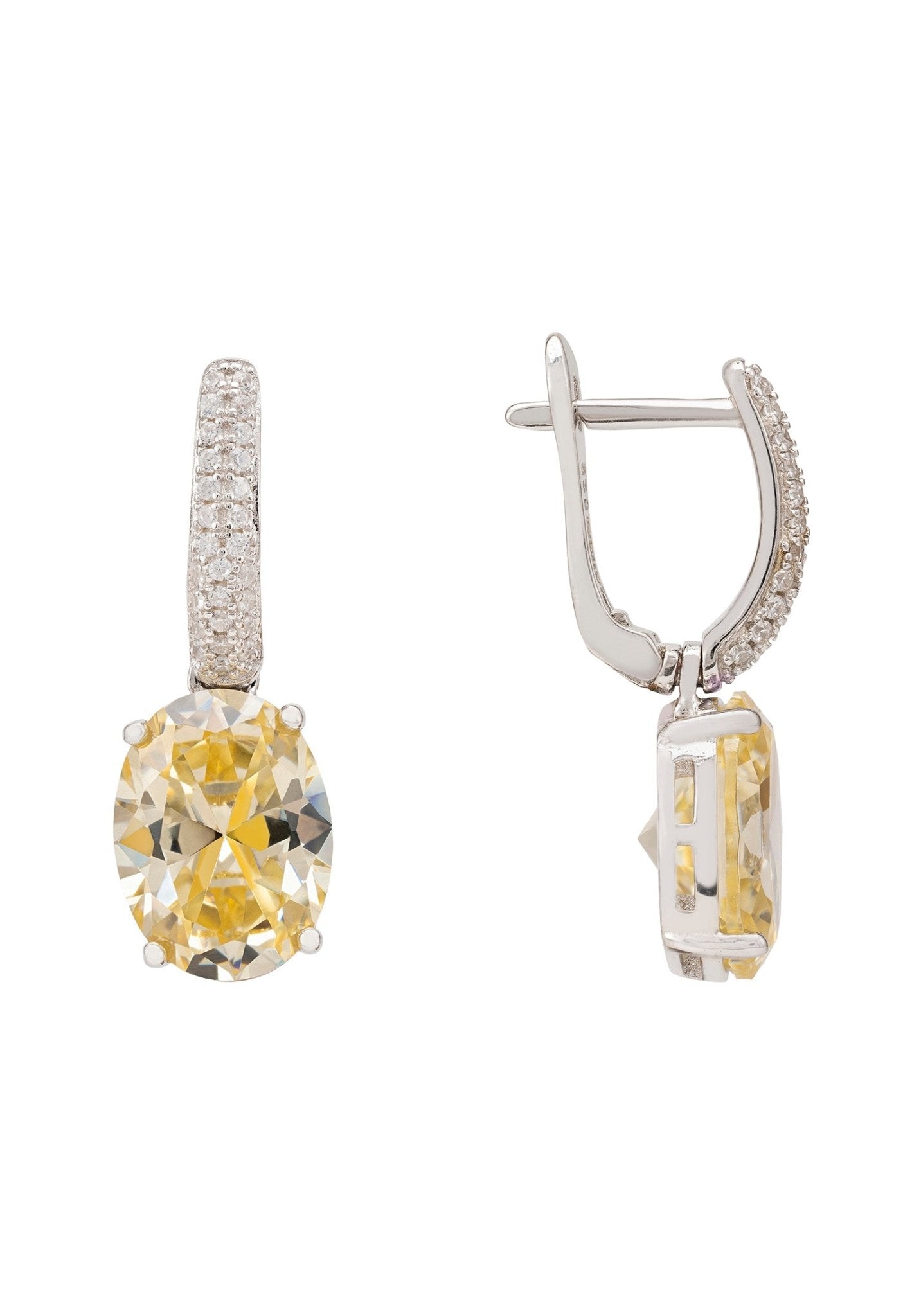 Alexandra Oval Drop Earrings in silver featuring yellow topaz and simulated diamonds, elegantly designed for a glamorous look.