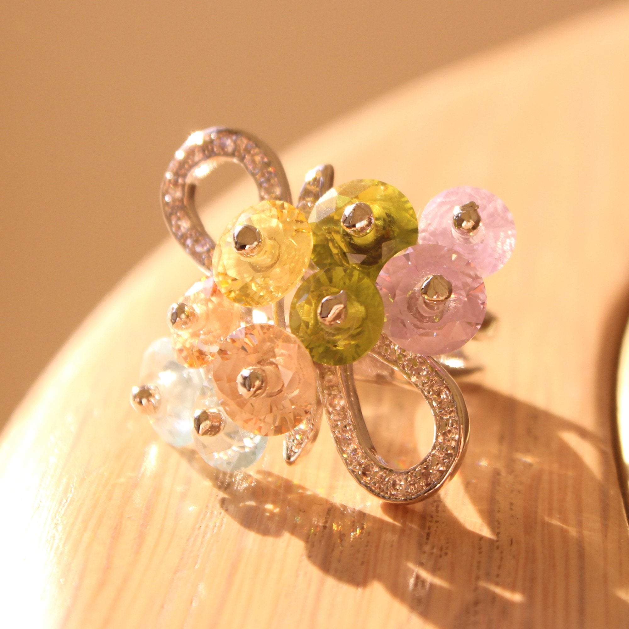 Alishba Cocktail Ring featuring rhodium brass and multi-color AAA CZ stones, elegantly designed for a stunning look.