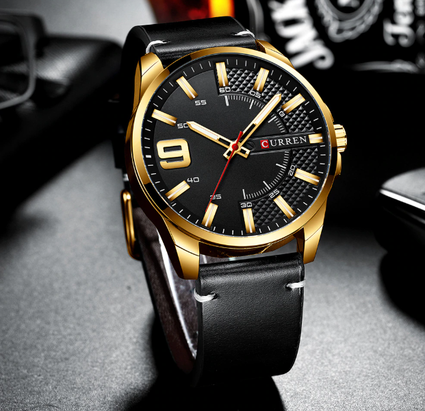 ALLURING CLASSIC LEATHER watch featuring a peach leather strap, navy blue half-bezeled dial, and rose gold markings, perfect for stylish businessmen.