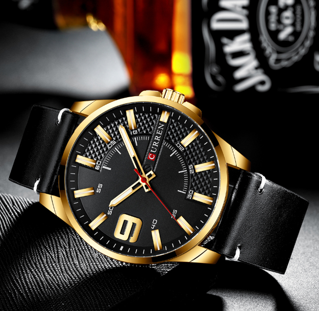 ALLURING CLASSIC LEATHER watch featuring a peach leather strap, navy blue half-bezeled dial, and rose gold markings, perfect for stylish businessmen.