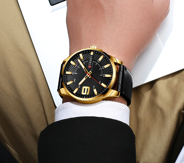 ALLURING CLASSIC LEATHER watch featuring a peach leather strap, navy blue half-bezeled dial, and rose gold markings, perfect for stylish businessmen.