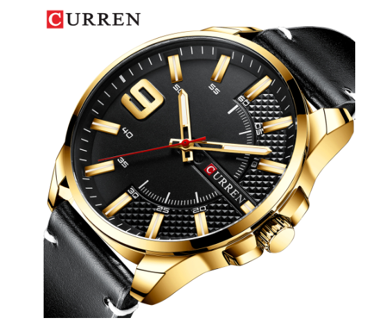 ALLURING CLASSIC LEATHER watch featuring a peach leather strap, navy blue half-bezeled dial, and rose gold markings, perfect for stylish businessmen.