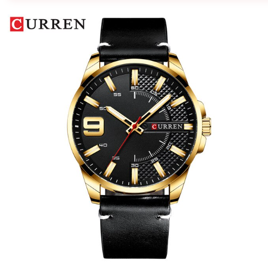 ALLURING CLASSIC LEATHER watch featuring a peach leather strap, navy blue half-bezeled dial, and rose gold markings, perfect for stylish businessmen.