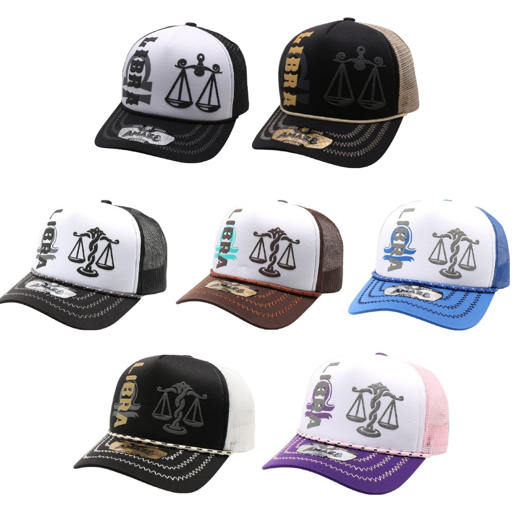 A pack of 6 AMAZE-IN Zodiac Libra Sponge Trucker hats in various colors, featuring a classic mid-profile design and curved visor.