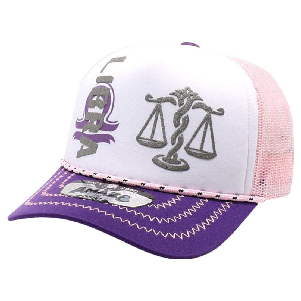 A pack of 6 AMAZE-IN Zodiac Libra Sponge Trucker hats in various colors, featuring a classic mid-profile design and curved visor.